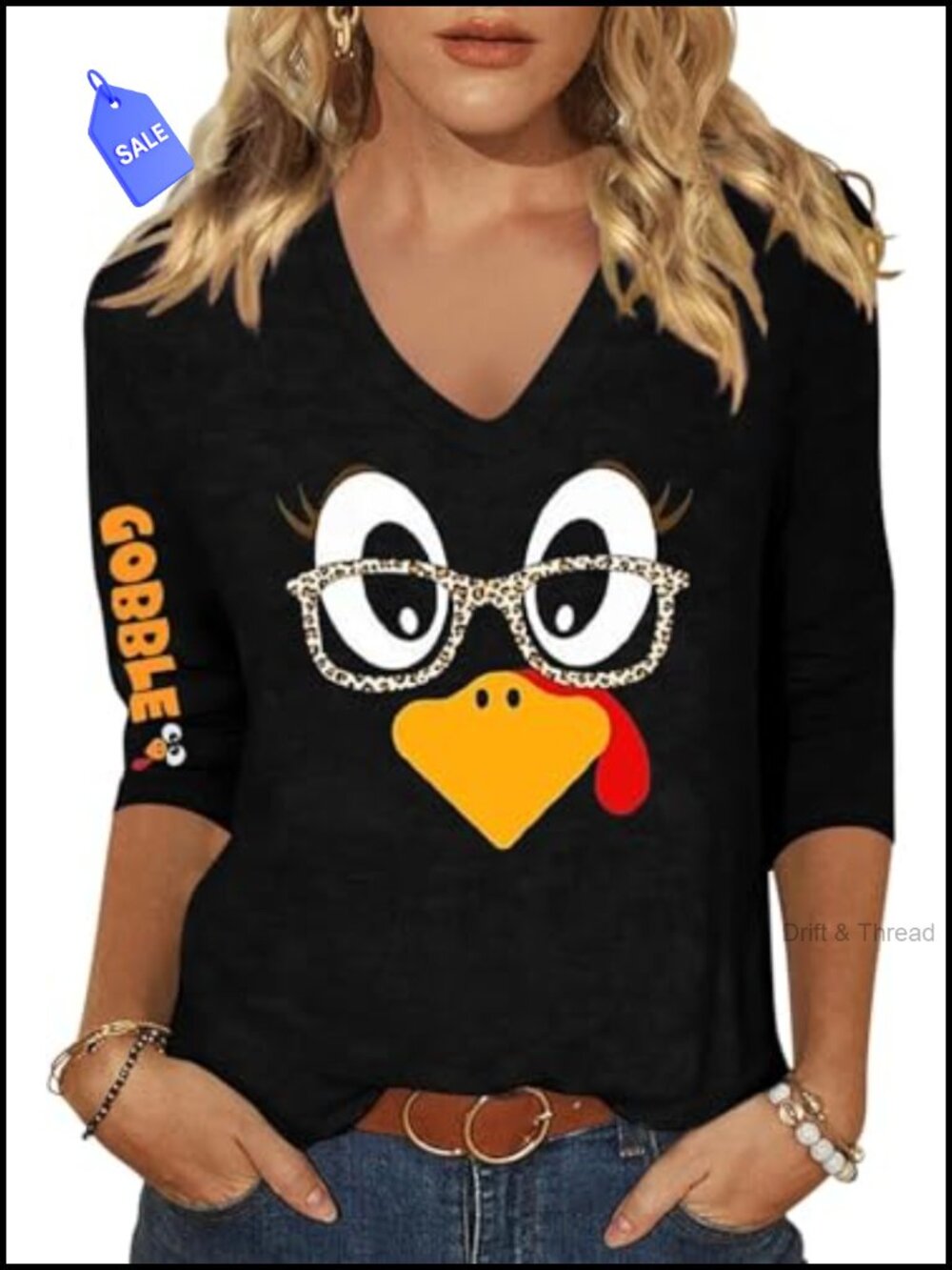 Women's 3/4 Sleeve V-Neck Turkey Graphic T-Shirt Casual Holiday Tee